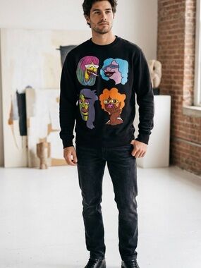 Supreme Gonz faces ,Black Graphic Crewneck Sweatshirt - Colorful Face Print